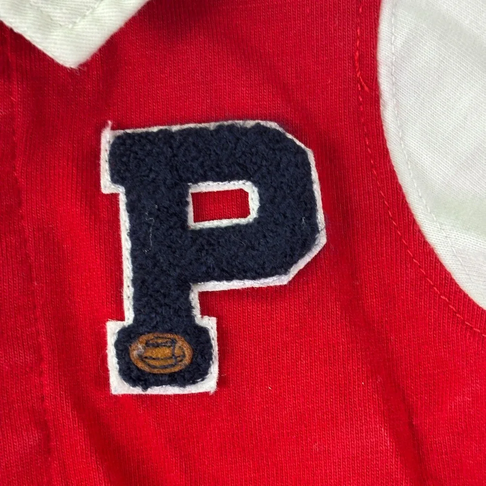 Ralph Lauren Baby One Piece Romper Sz 6M Red‎ White Varsity Patch Long Sleeve